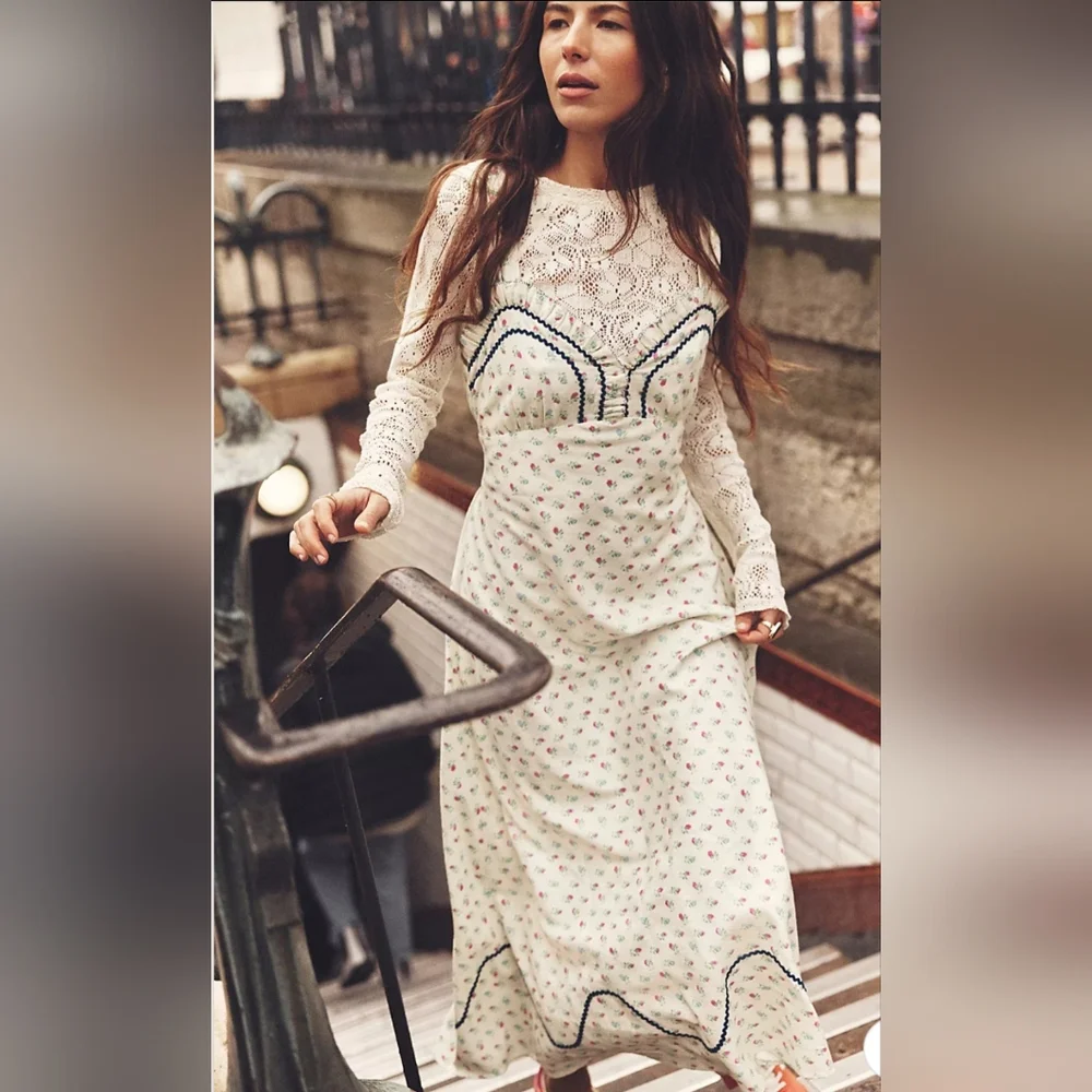 NWT FREE PEOPLE -Sz S- Sweet Hearts Midi Dress in Ivory Combo - Picture 2 of 16